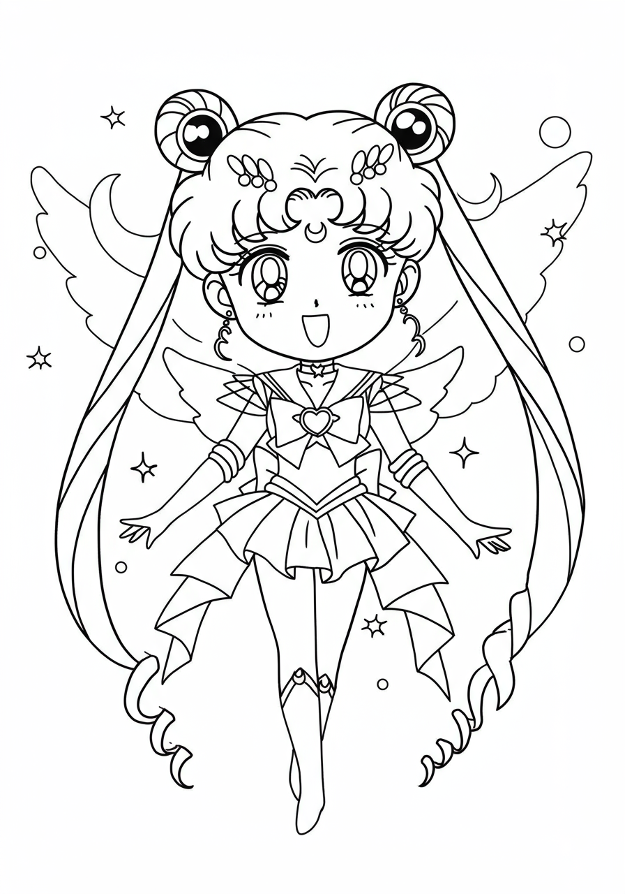 Free printable Sailor Moon cosmic power coloring page featuring Usagi Tsukino transforming with stars and a crescent moon, perfect for young fans.