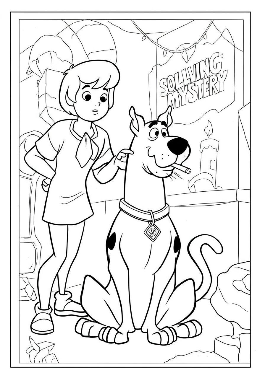 Free printable Scooby Doo and Shaggy solving a mystery coloring page for kids with clues and a spooky setting