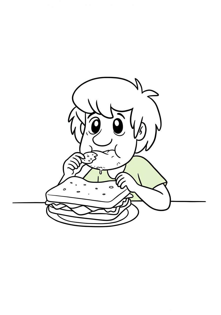 A free printable coloring page showing Shaggy from Scooby-Doo happily eating a gigantic, multi-layered sandwich with a big smile.