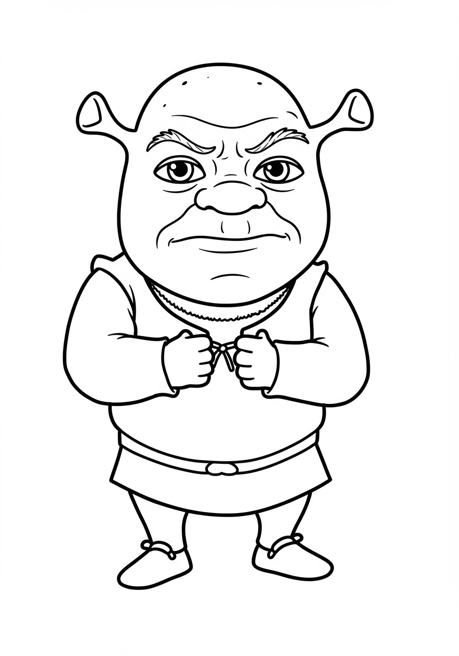 Free printable Shrek grumpy lovable ogre coloring page featuring Shrek with a slightly annoyed but friendly expression.