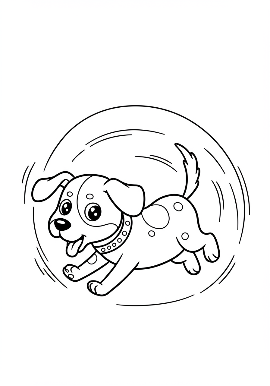 A free printable cartoon coloring page showing a silly dog enthusiastically chasing its tail in a playful, circular motion, perfect for young children.