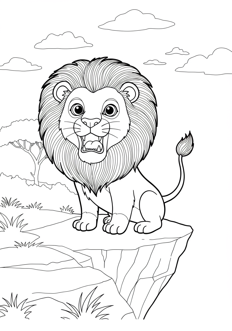 A proud young lion with a growing mane roaring on a rocky cliff overlooking the savanna