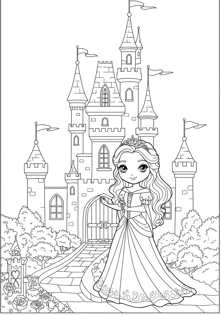 Free printable Sleeping Beauty dream castle coloring page for kids, showing a simple outline of a fairytale castle with tall towers and flags, ready for coloring.