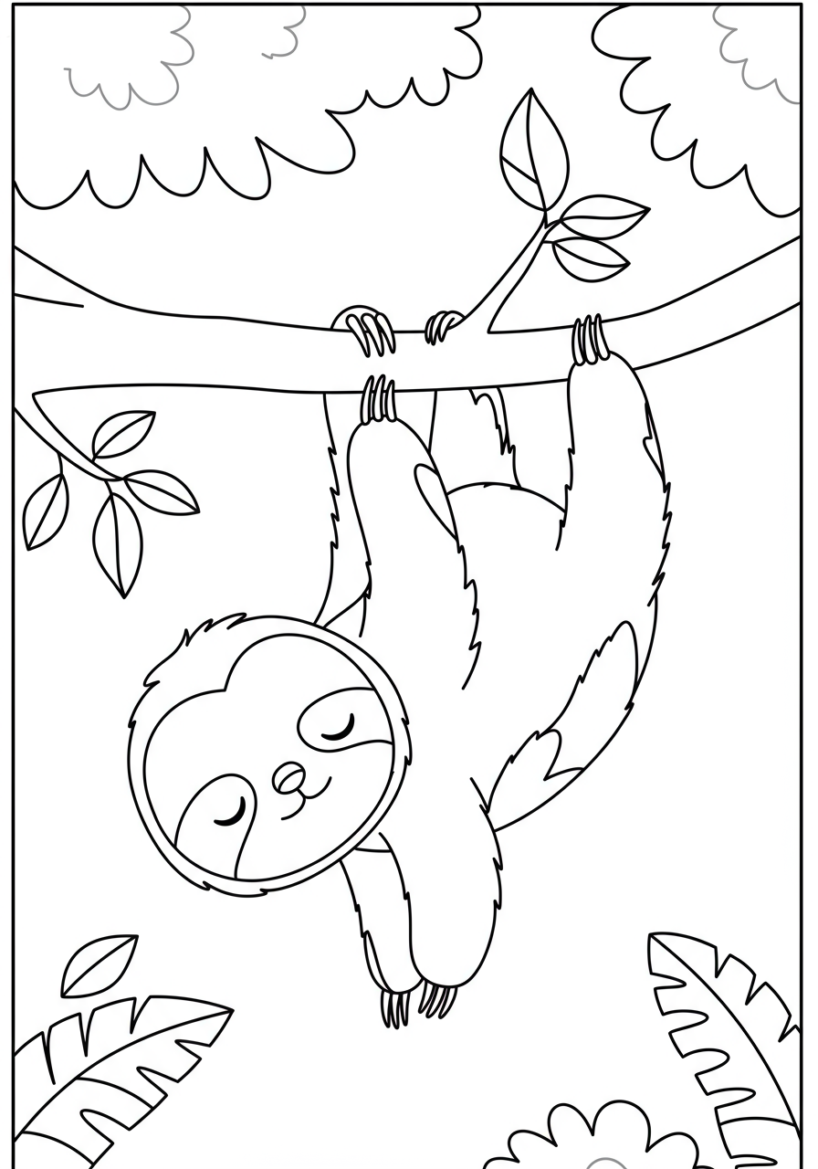 A free printable coloring page featuring a cute, sleepy cartoon sloth hanging upside down from a tree branch, with leaves and simple background elements, perfect for young children.