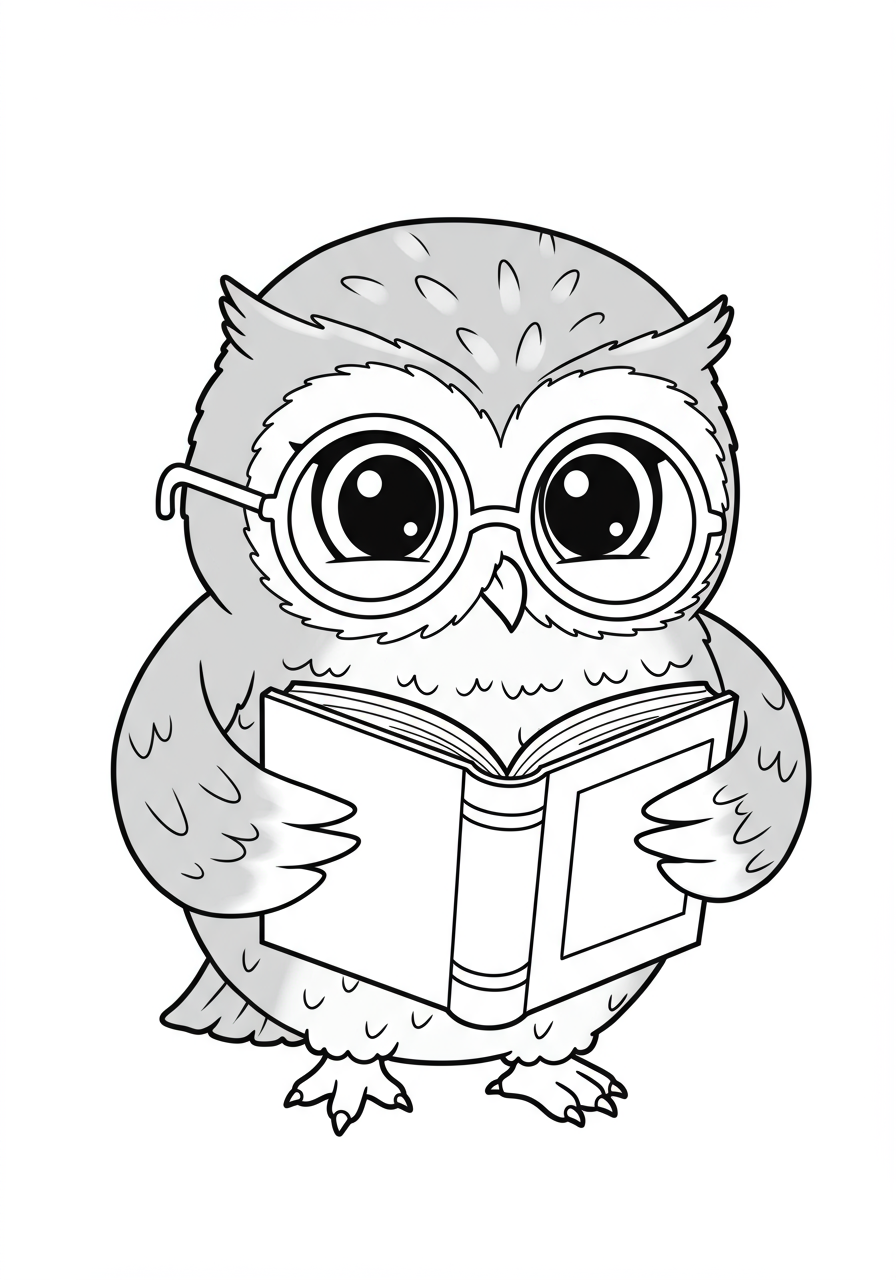 Free printable coloring page featuring a cute cartoon smart owl wearing glasses and reading a large book, perfect for kids who love learning.