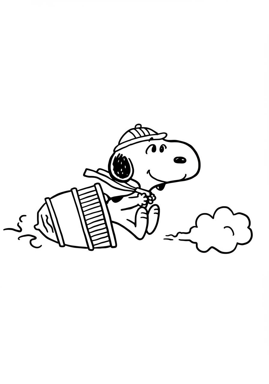 Free printable coloring page depicting Snoopy as the Red Baron, flying his red doghouse airplane through the sky while wearing a pilot's helmet and scarf, from the Peanuts comic strip.