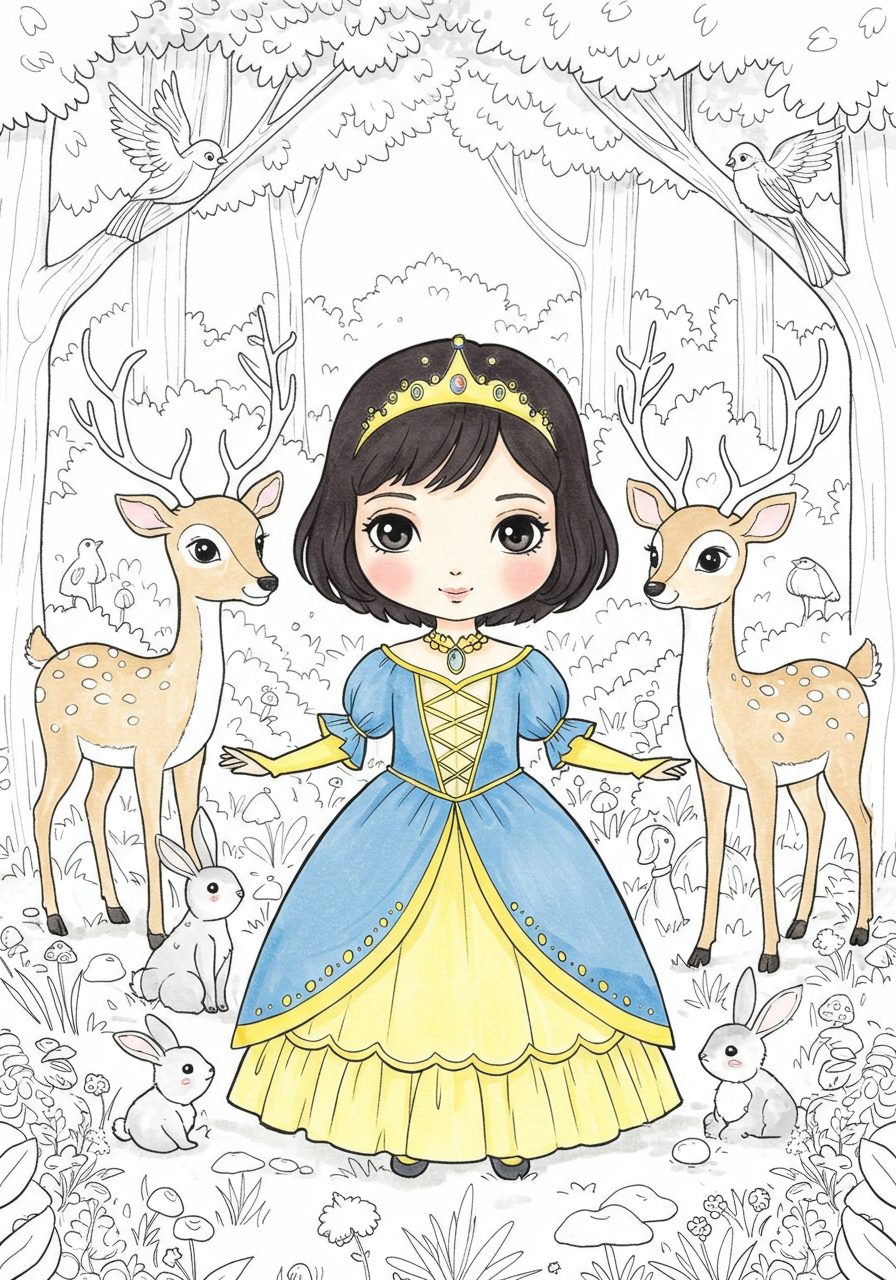 A kind princess with short dark hair and a blue and yellow dress surrounded by deer, rabbits, and birds in a forest