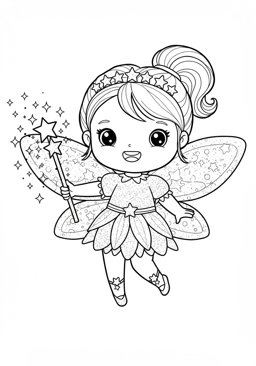 A free printable coloring page depicting a smiling cartoon fairy holding a sparkling magic wand with stars and glitter effects.