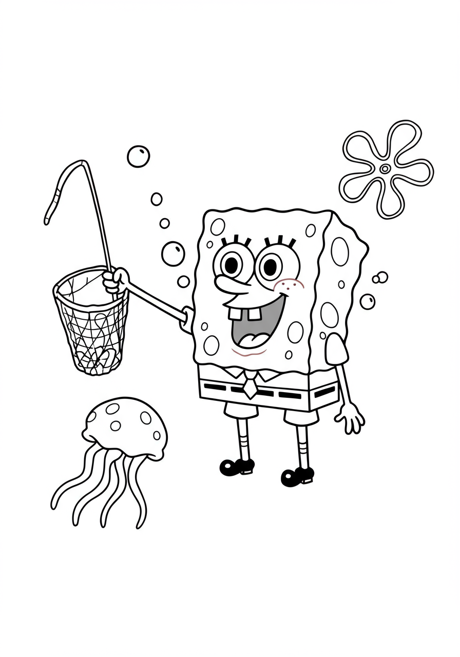 Free printable coloring page showing SpongeBob SquarePants happily catching jellyfish with a net in Bikini Bottom, perfect for kids.