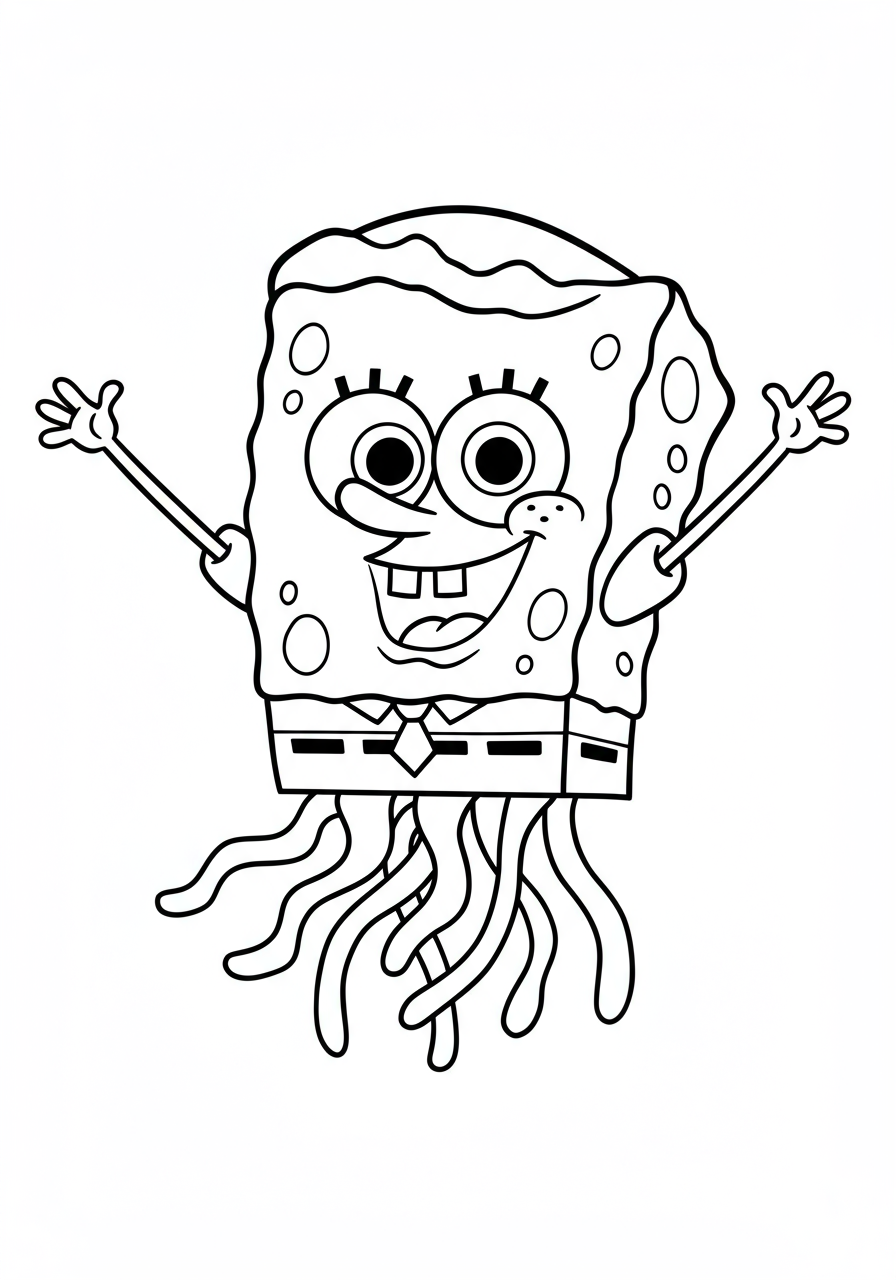 Free printable Spongebob Squarepants joyful jellyfish coloring page for kids, featuring Spongebob with a happy jellyfish in an easy-to-color design.