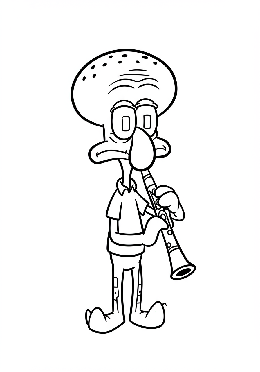 Free printable coloring page featuring Squidward Tentacles from SpongeBob SquarePants happily playing his clarinet, ready for kids to color.