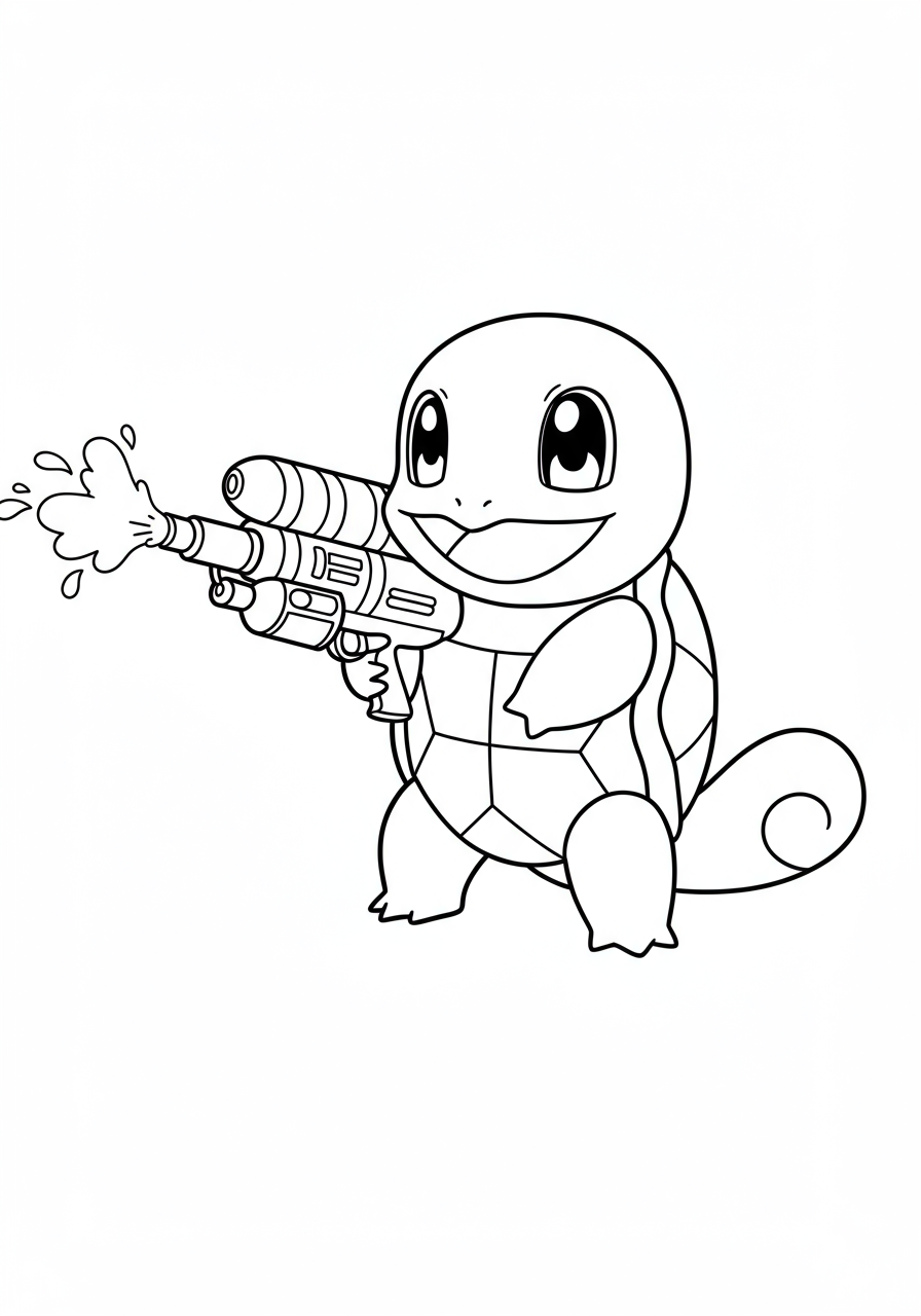 Free printable Squirtle Water Gun Blast coloring page for kids, showing the adorable blue Pokémon shooting water from its mouth, designed for easy coloring.