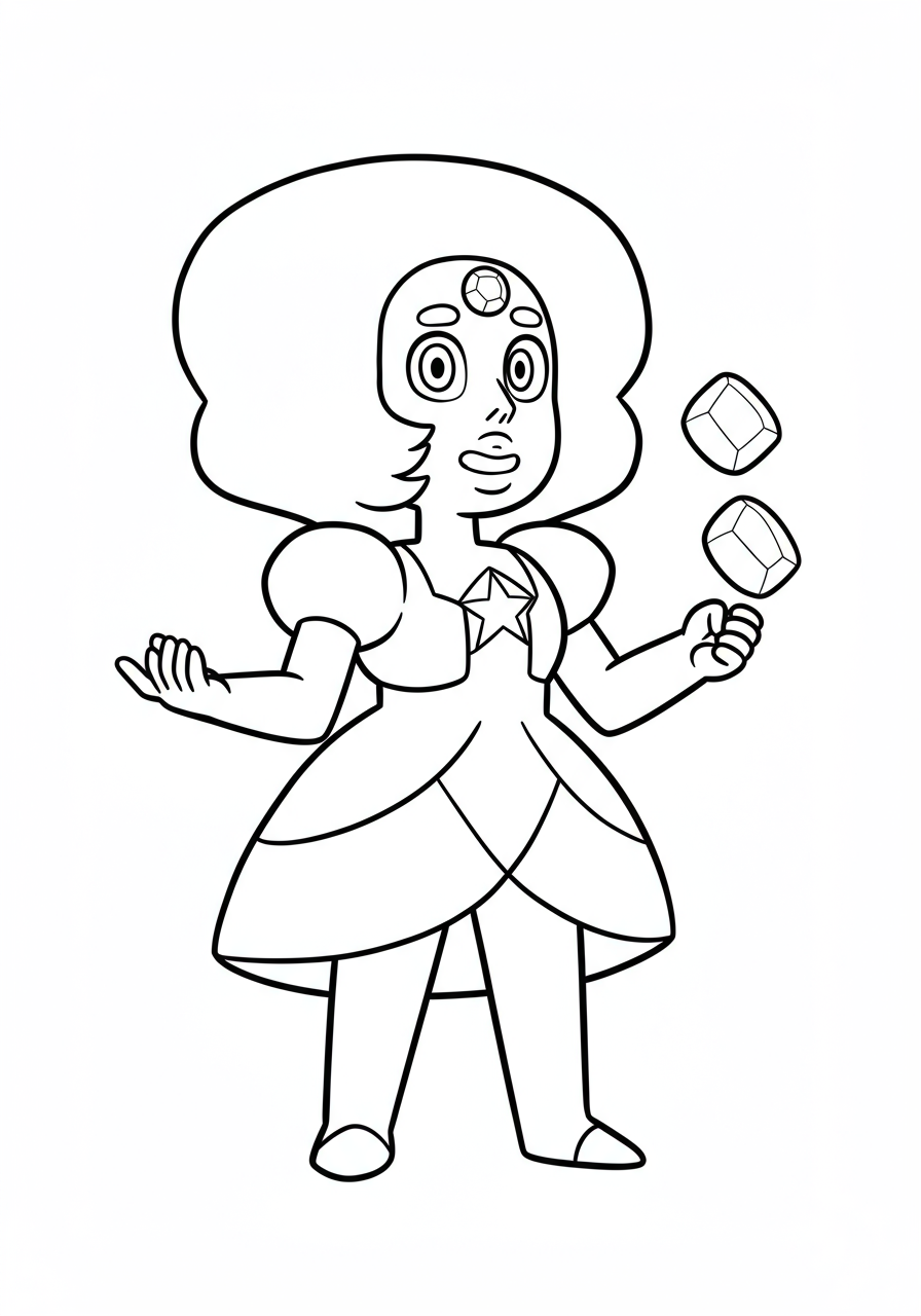 Free printable Steven Universe Gem powers coloring page featuring Steven, Garnet, Amethyst, and Pearl using their unique abilities, ready for kids to color.