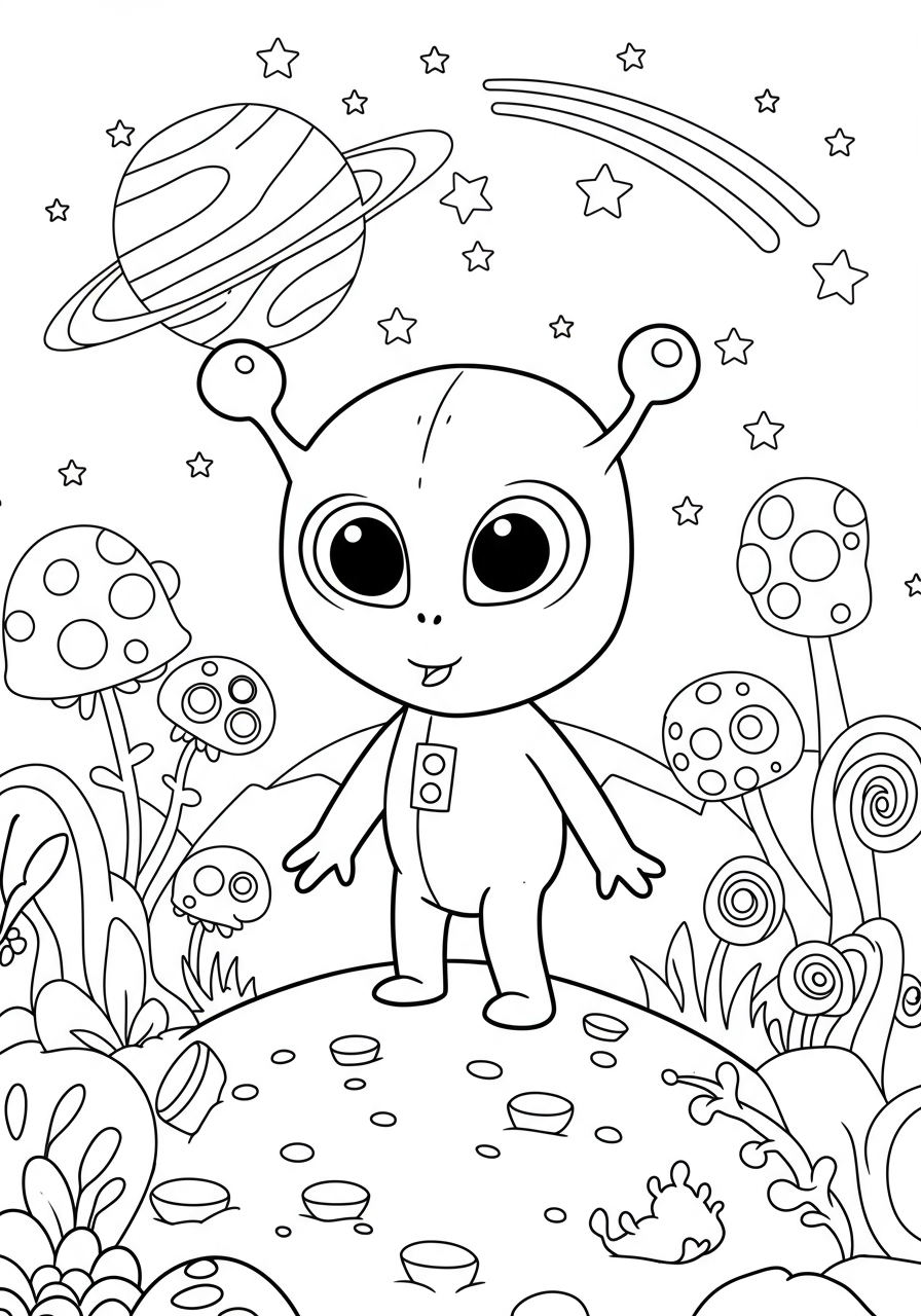 Free printable coloring page featuring a sweet cartoon alien with big eyes exploring a new planet with strange plants and stars, perfect for kids.
