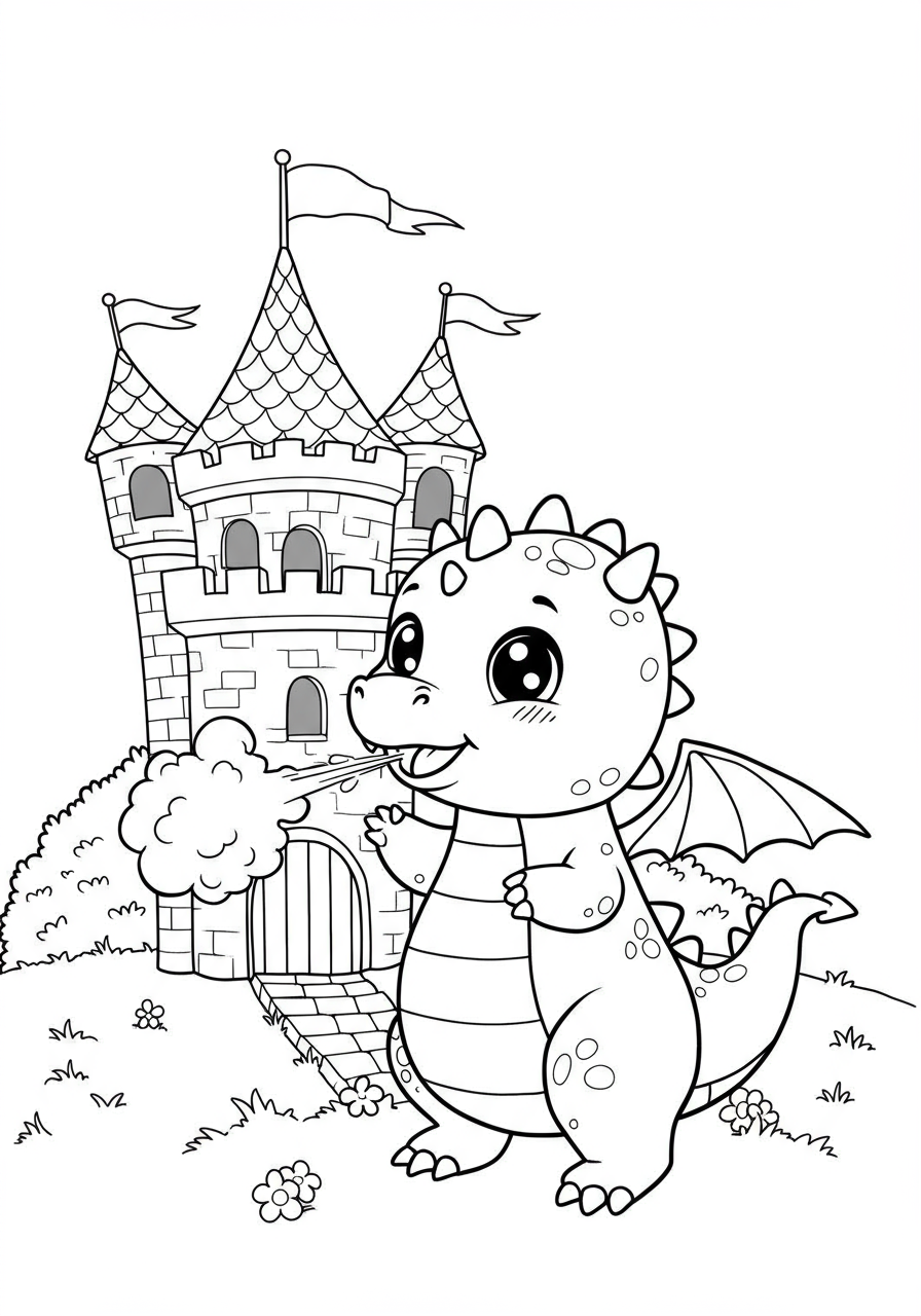 Free printable coloring page featuring a tiny, cute cartoon dragon accidentally breathing a small puff of fire near its whimsical castle, perfect for kids.