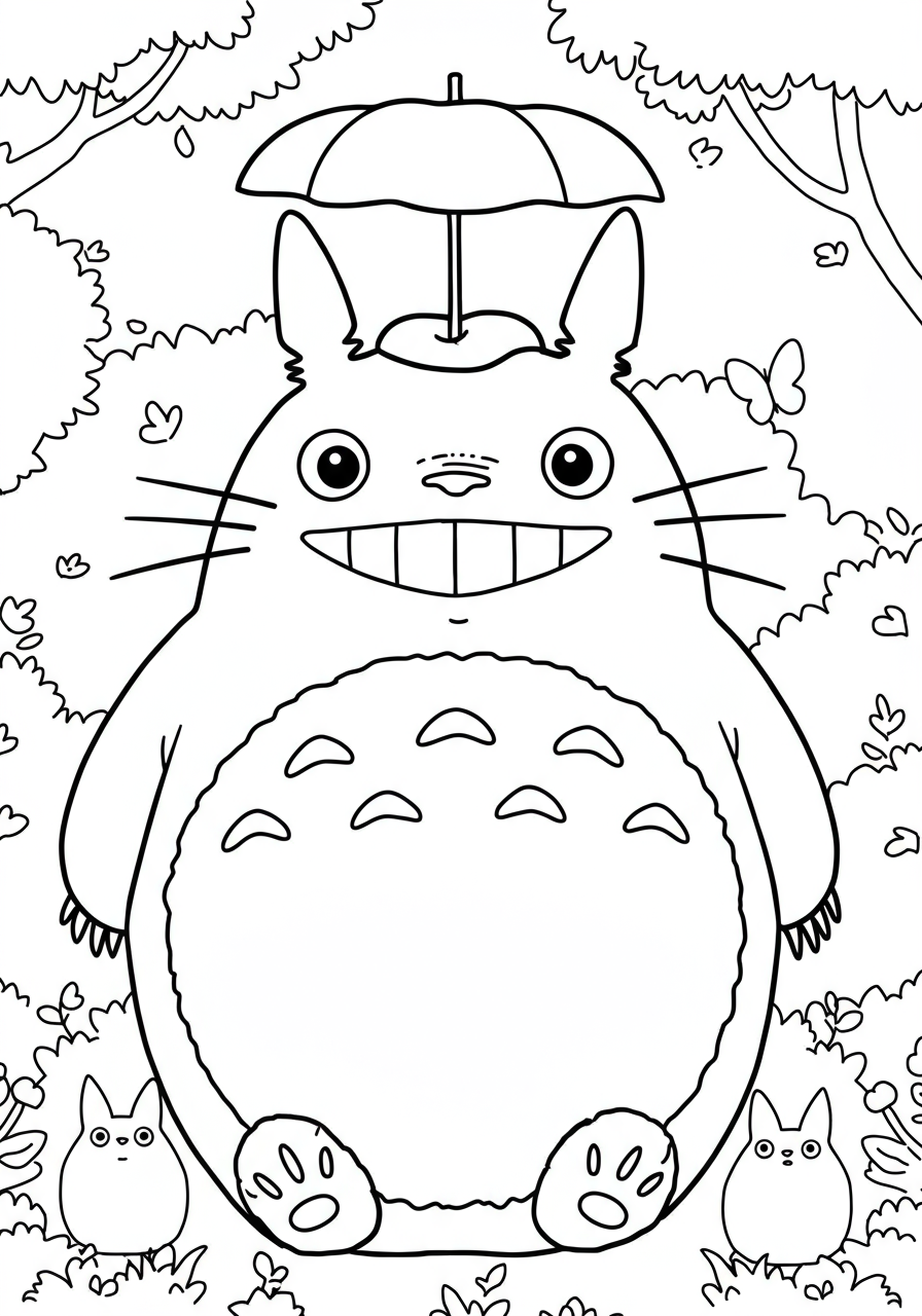 A free printable coloring page featuring Totoro, the smiling forest spirit, designed for easy coloring by kids.