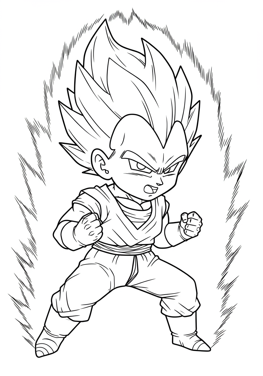 Free printable coloring page featuring Vegeta from Dragon Ball Z in a powerful battle stance, ready for action, perfect for kids.