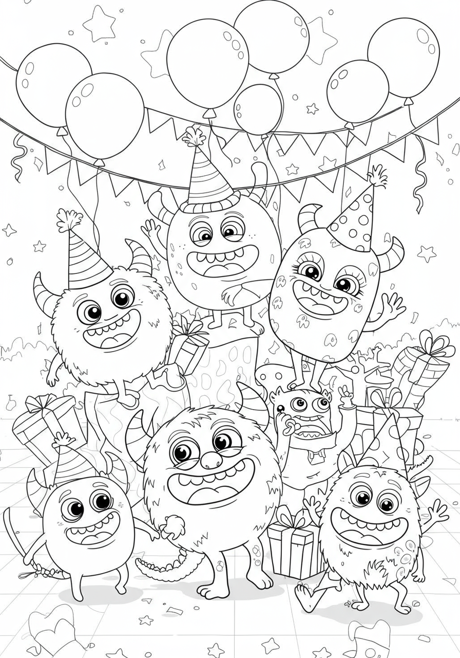 Free printable coloring page depicting a group of goofy, wacky monsters having a dance party with balloons and streamers.