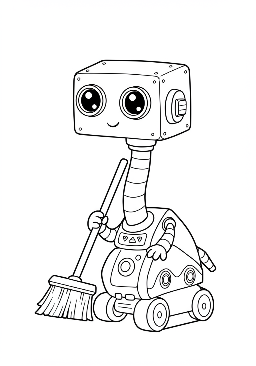 A cute, boxy little robot with binocular eyes on a long neck, collecting objects and cleaning