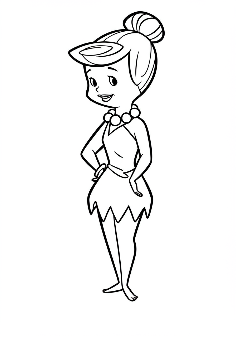 Free printable coloring page featuring Wilma Flintstone, the fashion icon from The Flintstones, dressed in her classic white dress and signature necklace, ready for kids to color.