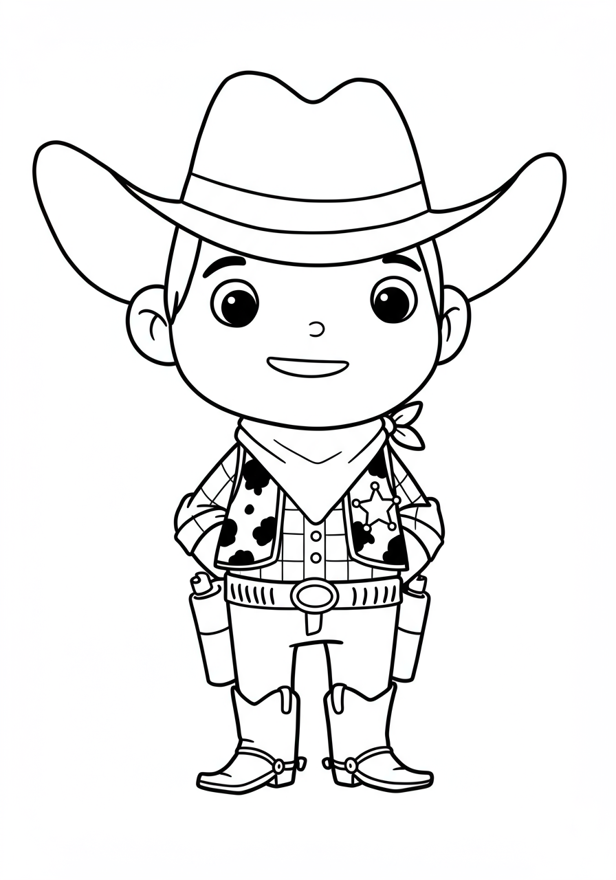 A friendly smiling cowboy with a big hat, vest with sheriff star badge, and boots