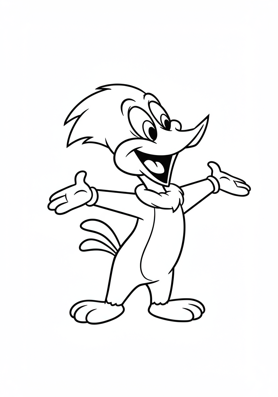Free printable Woody Woodpecker laughing loud coloring page for kids. An iconic cartoon character with a wide open beak, head tilted back, and big eyes, showcasing his famous laugh in an easy-to-color design.