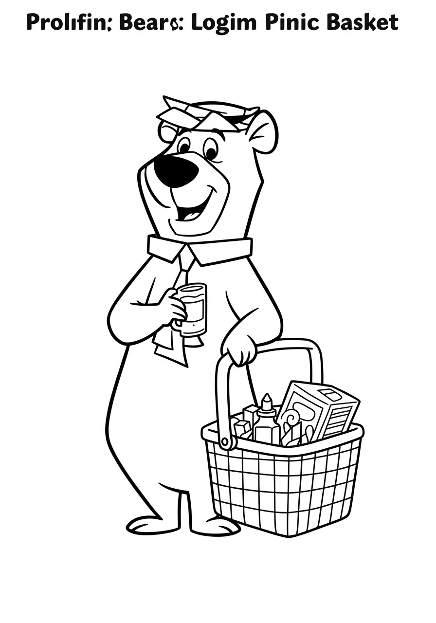 A free printable coloring page featuring Yogi Bear happily holding a classic picnic basket, with Boo Boo nearby in Jellystone Park.