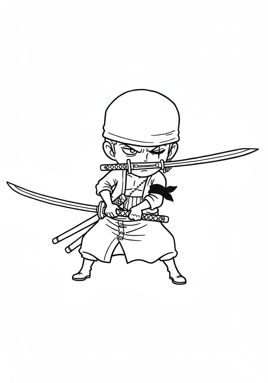 Free printable coloring page featuring Roronoa Zoro from One Piece in a dynamic three-sword fighting stance, ready for action.