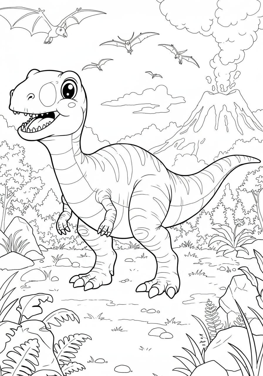 Free printable Allosaurus fierce hunter coloring page for kids, showing the dinosaur roaring in a prehistoric landscape.