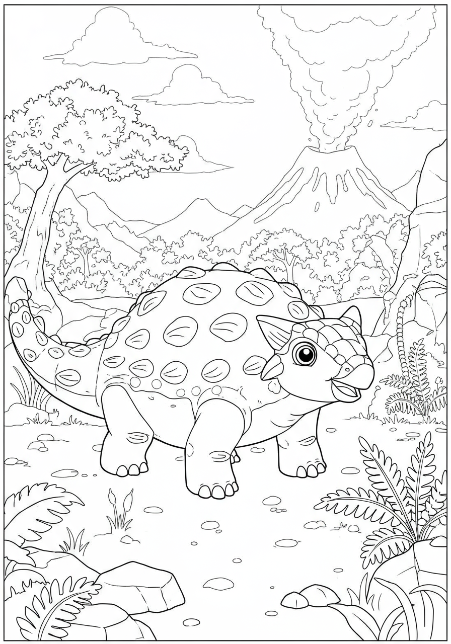 A free printable Ankylosaurus stomping ground coloring page featuring a happy Ankylosaurus with a club tail in a prehistoric landscape.