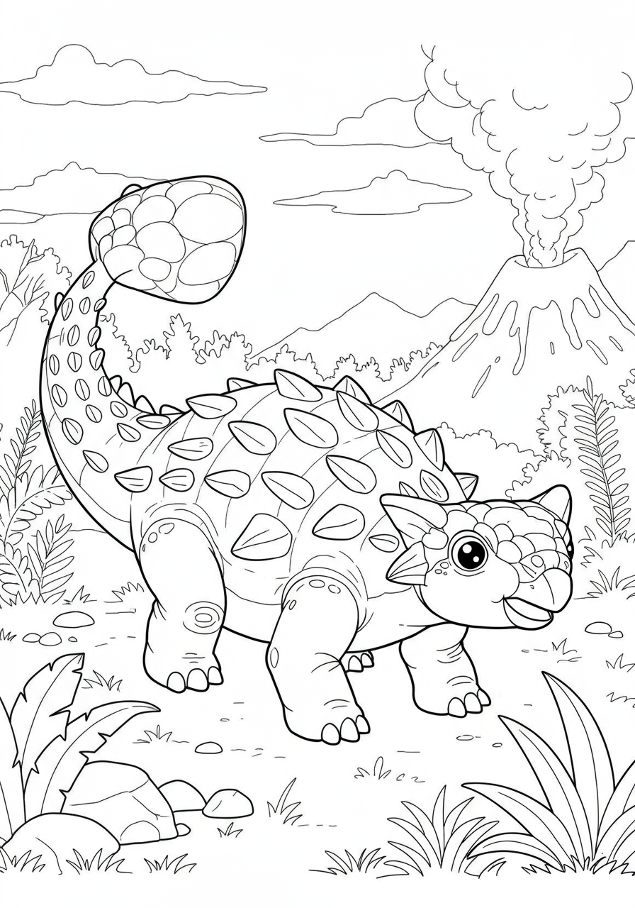 Free printable Ankylosaurus strong tail coloring page for kids, showing the armored dinosaur with its distinctive tail club ready for coloring.