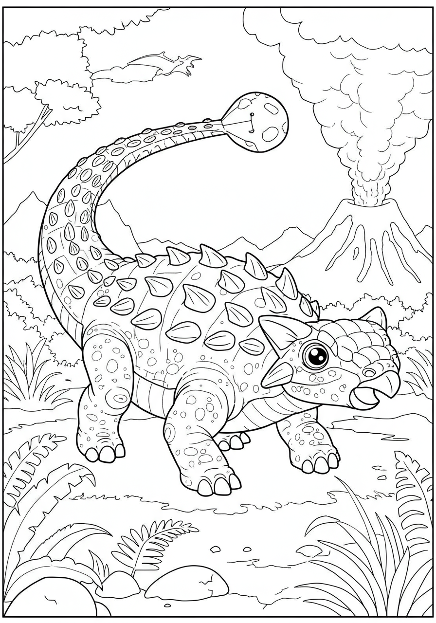 Free printable Ankylosaurus tail swing coloring page featuring a mighty armored dinosaur swinging its powerful tail club, perfect for kids.