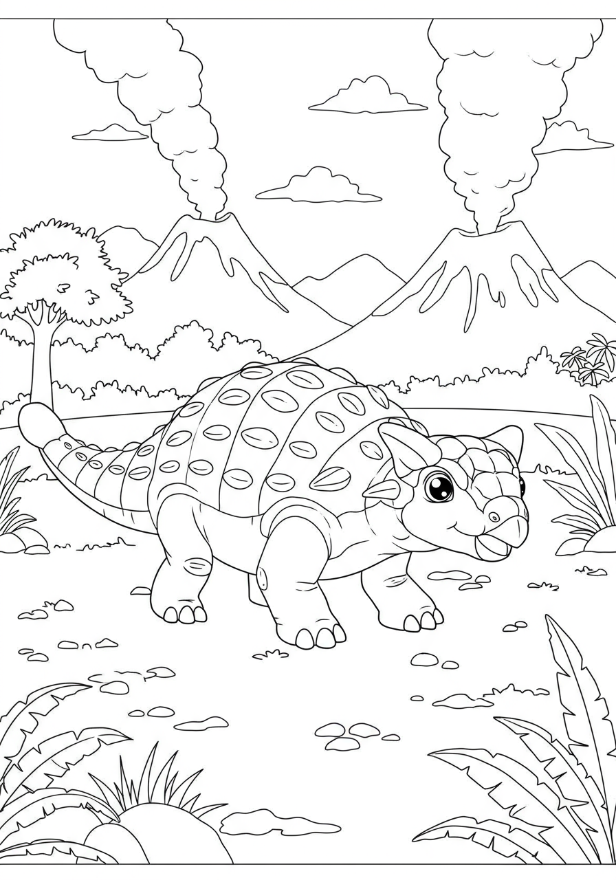 A free printable coloring page featuring an easy outline of an Ankylosaurus walking alone in a simple landscape, suitable for young children to color.