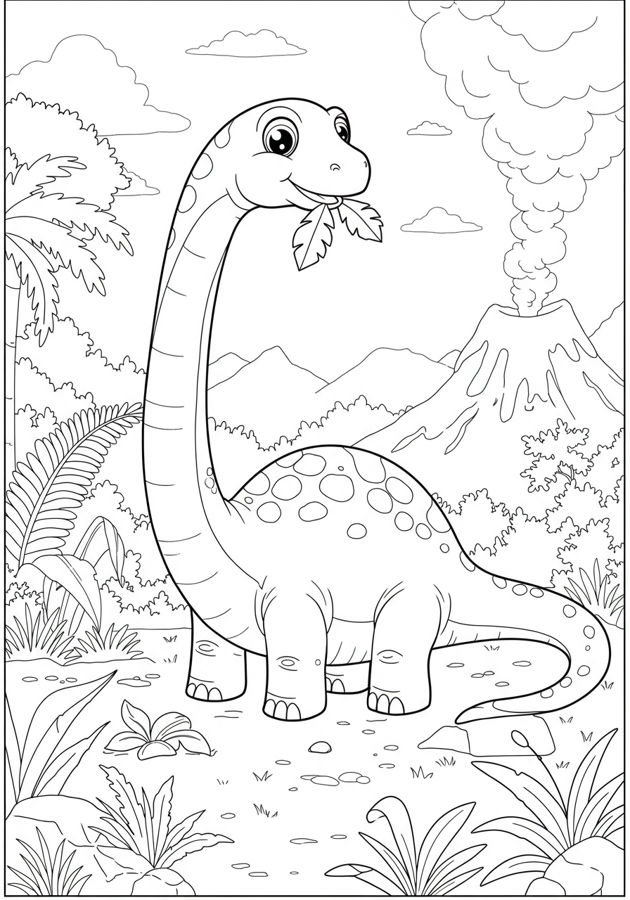 Free printable Apatosaurus long neck dinosaur coloring page for kids, showing a friendly Apatosaurus munching on leaves in a prehistoric setting.