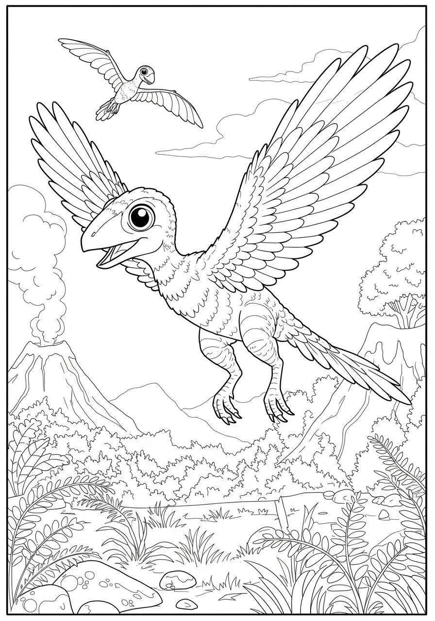 Free printable coloring page featuring an Archaeopteryx in feathered flight, showing its wings, feathers, and dinosaur-like tail against a simple sky background.