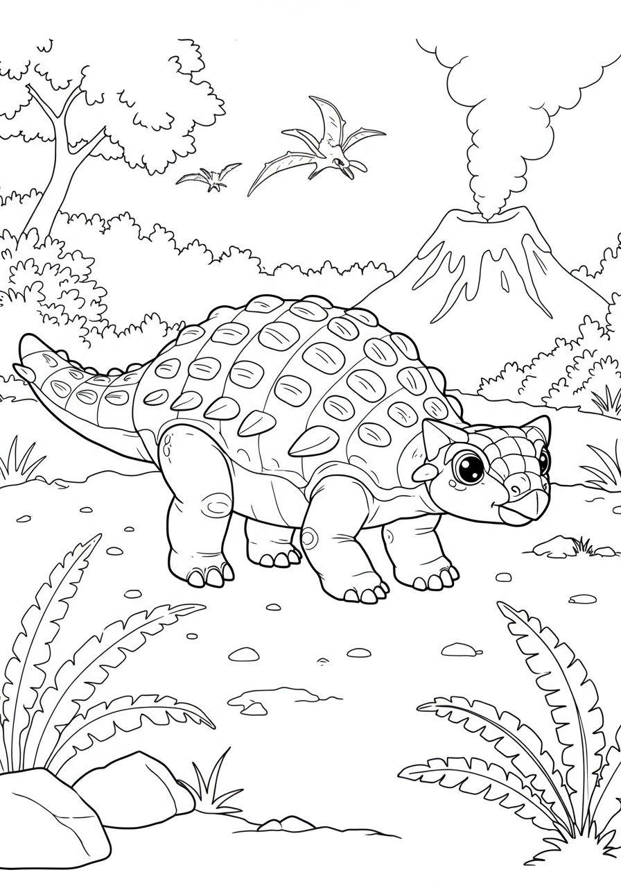 Free printable coloring page featuring an easy-to-color Armored Ankylosaurus walking, perfect for kids.