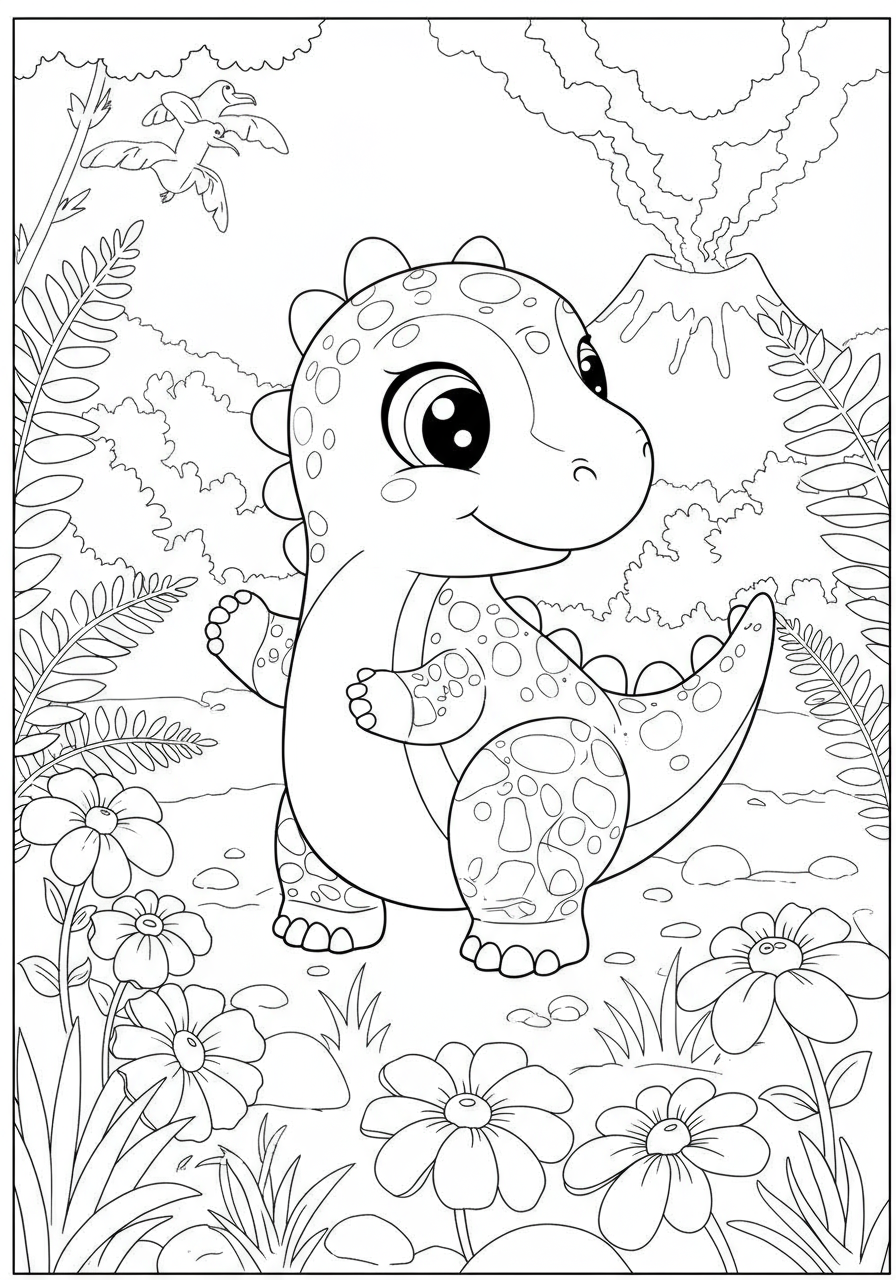Free printable coloring page featuring an adorable baby dinosaur happily playing among colorful flowers, perfect for kids.