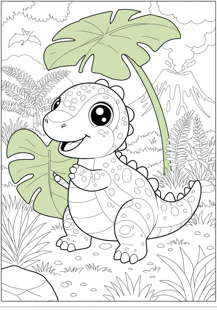 Free printable coloring page featuring an adorable baby dinosaur happily playing with a large, green leaf in a friendly, easy-to-color design for children.