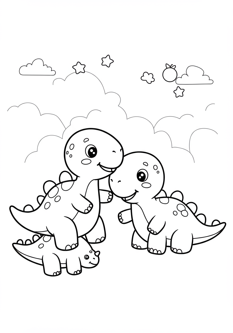 A group of cute baby dinosaurs of different species playing together in a prehistoric meadow