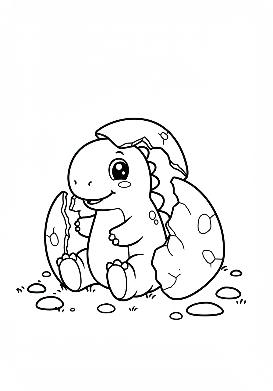 An adorable baby dinosaur hatching from a cracked egg in a nest