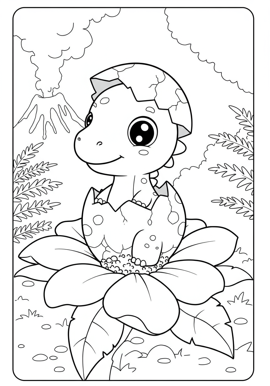 Free printable Baby Dinosaur Hatching Flower coloring page showing a cute baby dino emerging from a large, cheerful flower with green leaves, designed for easy coloring by kids.