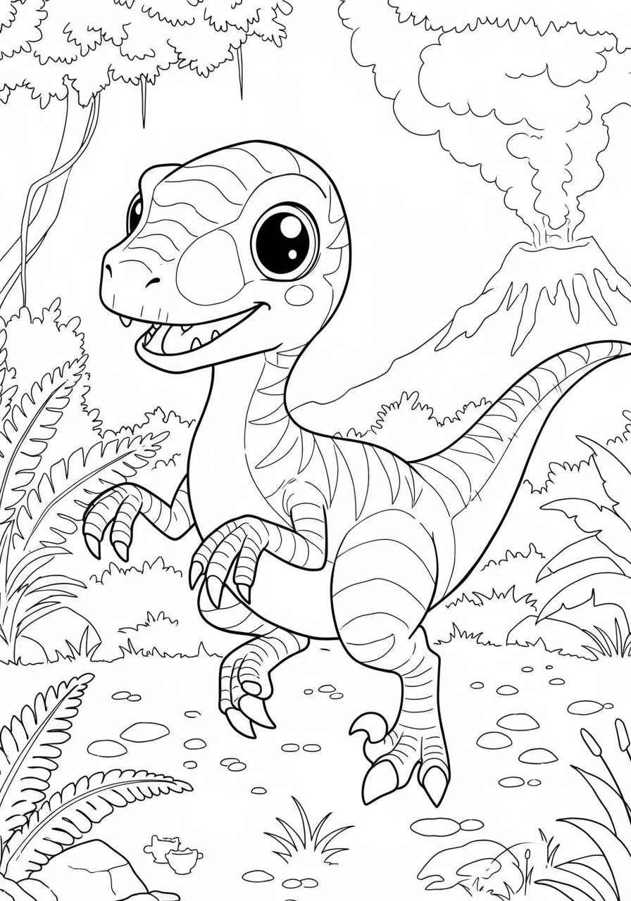 A free printable coloring page depicting a cute, playful baby raptor dinosaur in a dynamic pose, ready for kids to color.