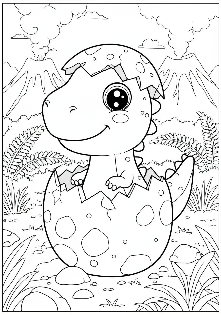 A cheerful baby T-Rex hatching from its egg, a free printable coloring page for children.