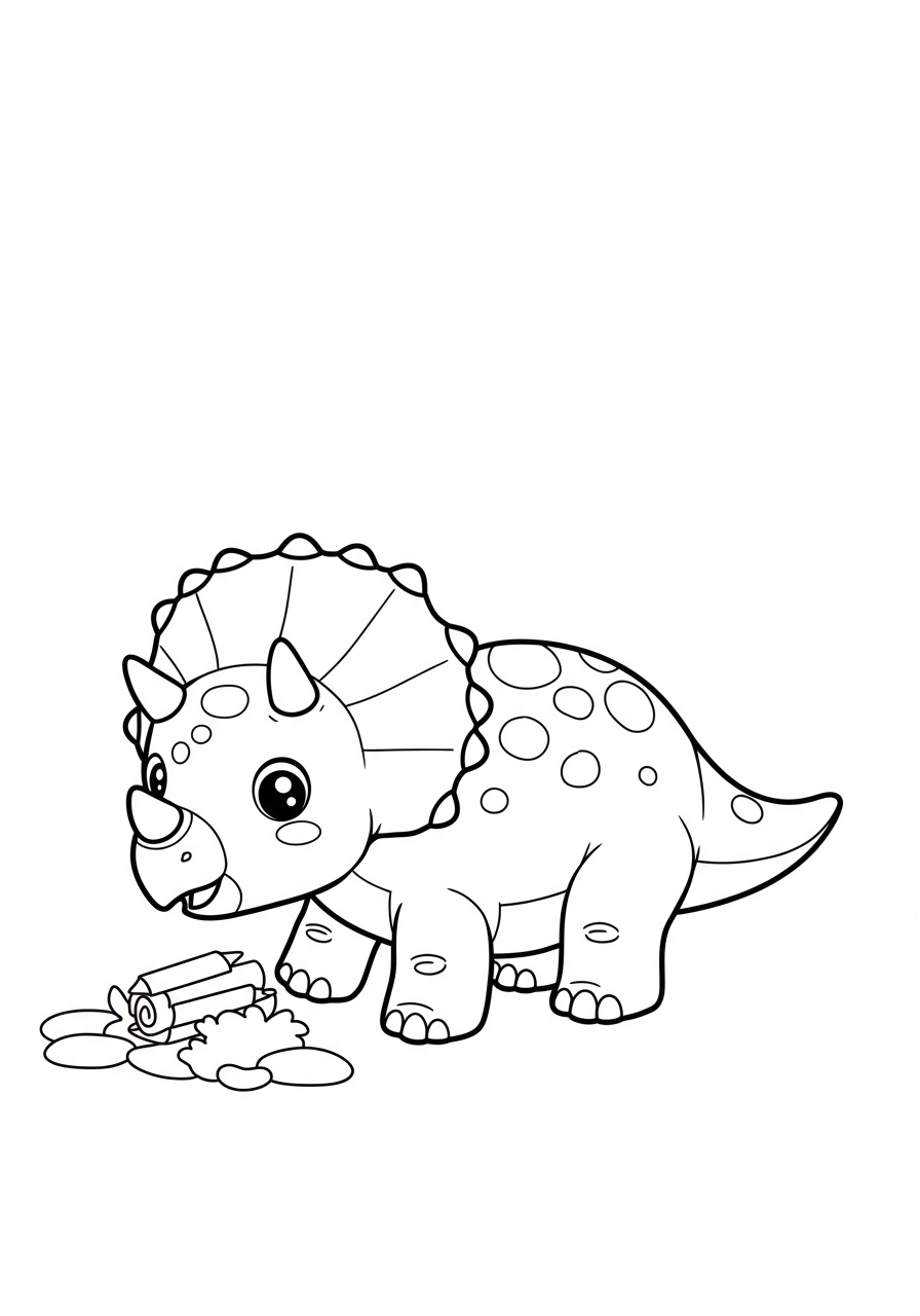 A cute baby Triceratops playing with a butterfly in a meadow of prehistoric flowers
