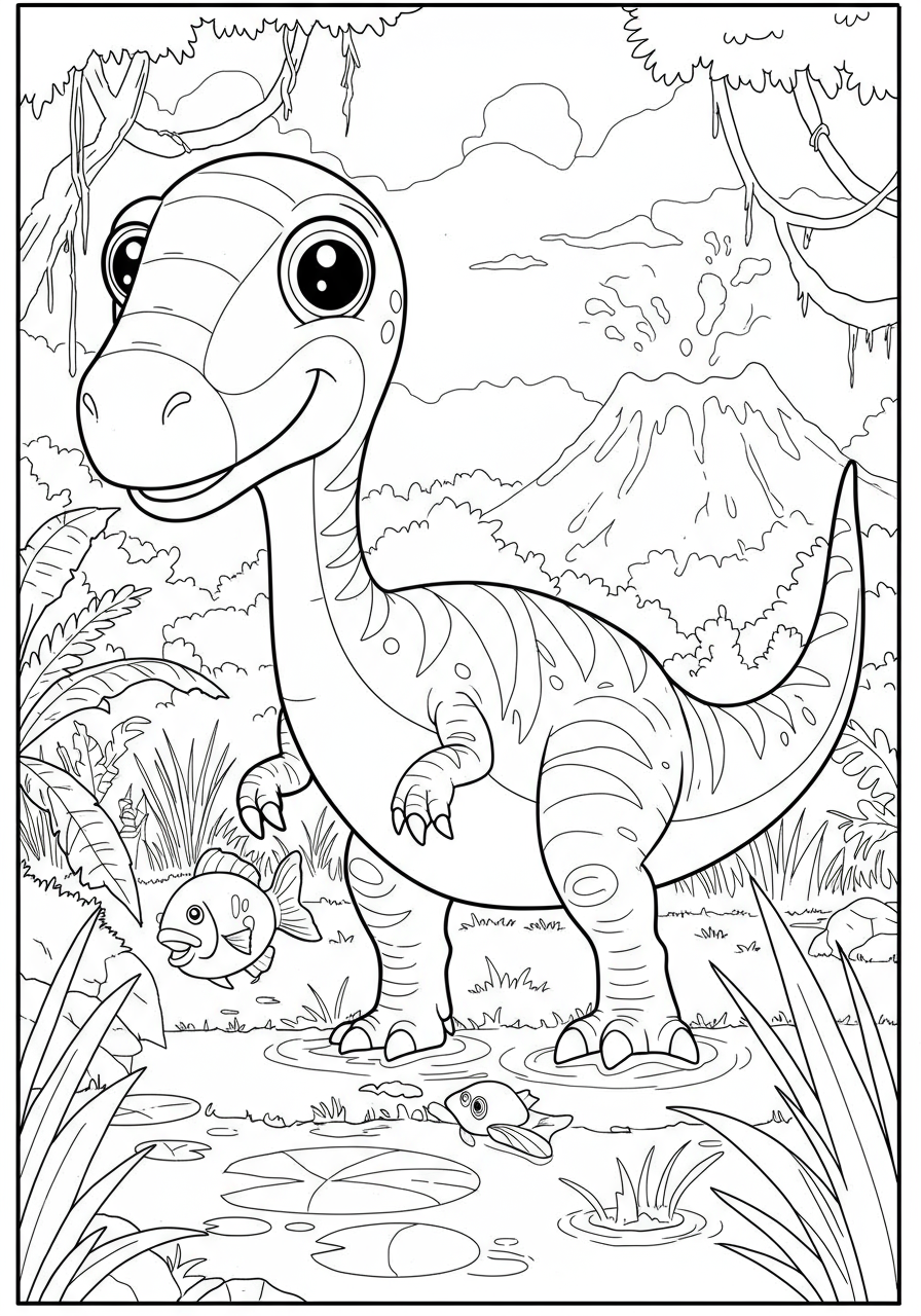 Free printable Baryonyx Swamp Hunter coloring page showing a dinosaur with a long snout, big thumb claws, and a fish in a swampy environment, perfect for kids.