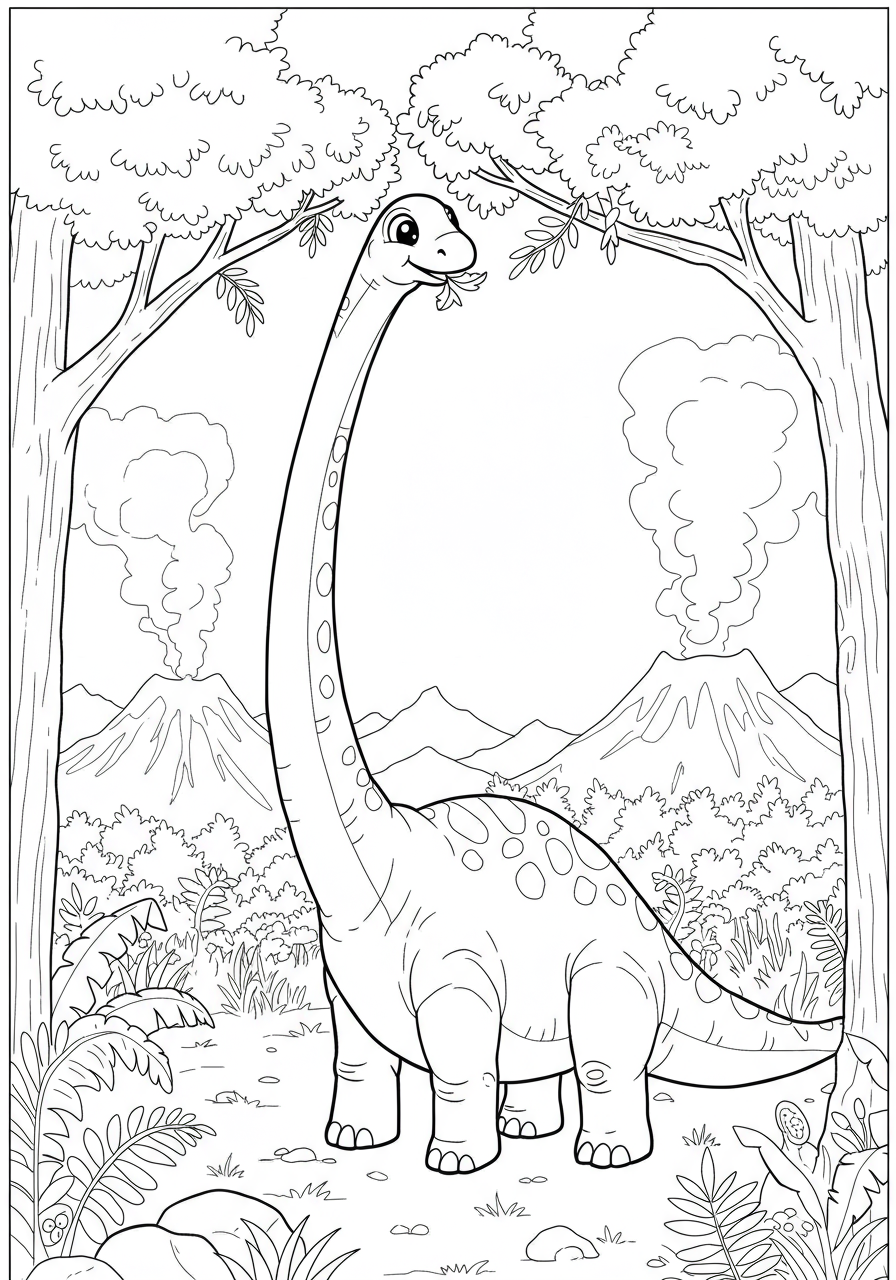 Free printable Brachiosaurus eating canopy coloring page for kids, showing a large long-necked dinosaur stretching to eat leaves from a tall tree.