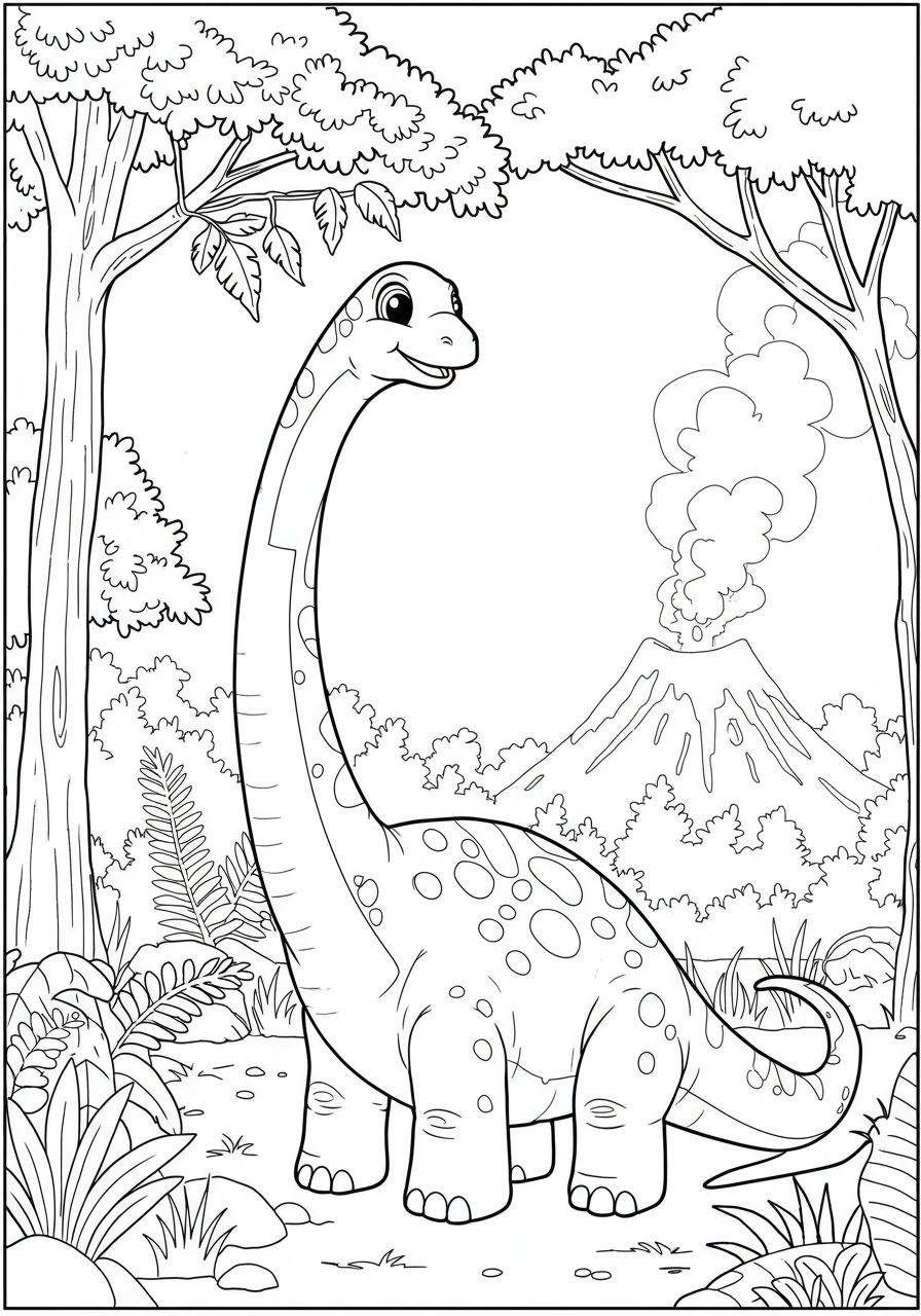 A free printable coloring page showing a friendly Brachiosaurus with its long neck reaching up to eat leaves from a tall tree, perfect for young children to color.