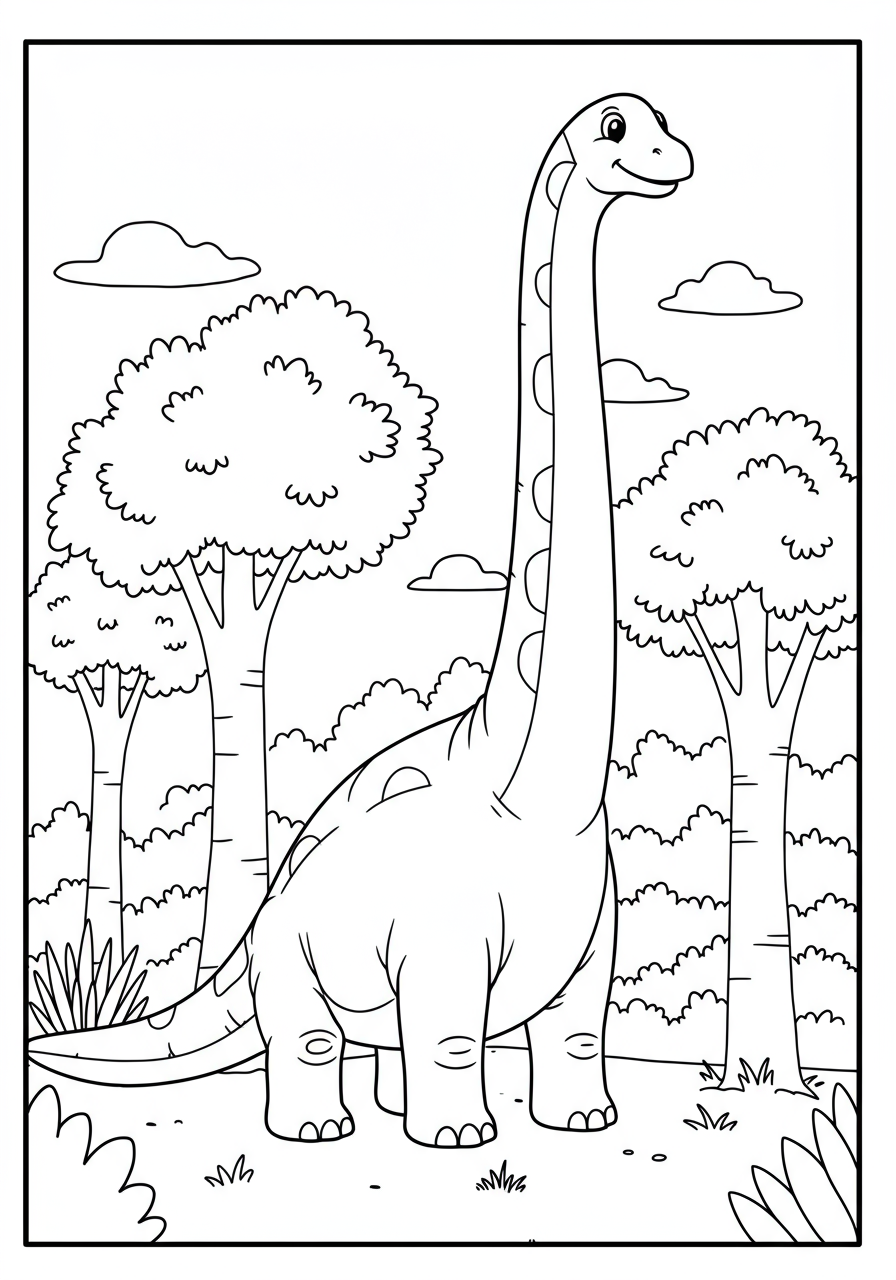 A towering Brachiosaurus reaching up to eat leaves from tall prehistoric trees