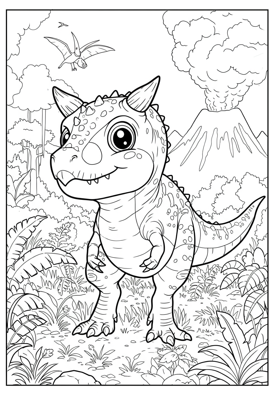 A free printable Carnotaurus horned predator coloring page showing the dinosaur with its distinctive horns and powerful body for kids to color.