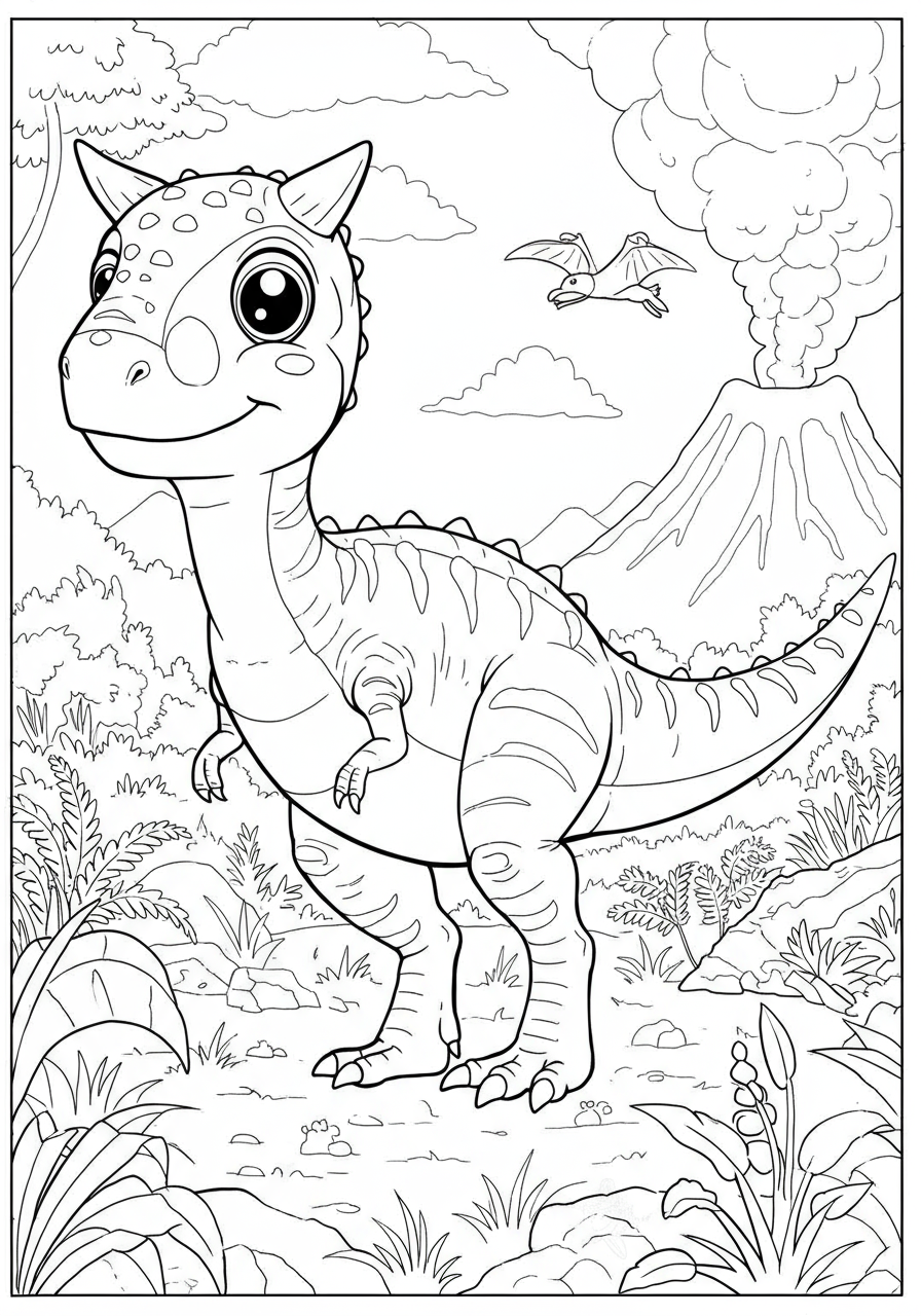 Free printable Carnotaurus short arms coloring page for kids, showing the dinosaur with its tiny forelimbs and prominent horns.